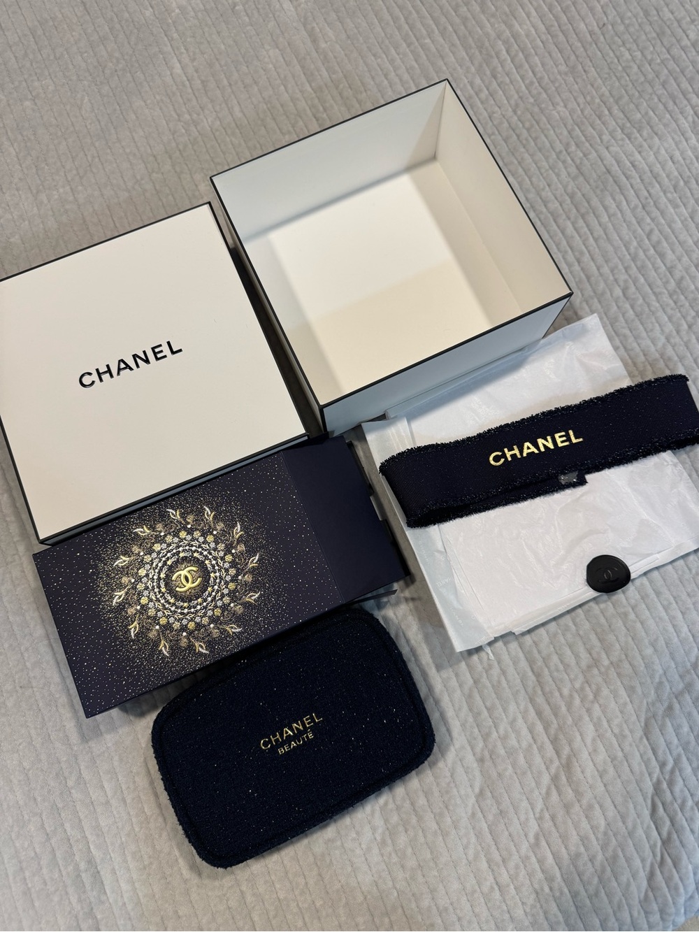 CHANEL Navy Tweed Cosmetic Pouch and Packaging Set